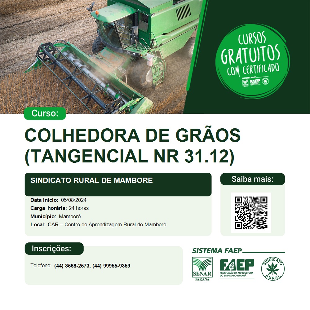 Cursos gratuitos e com certificado, com duas vagas abertas.Data do início 05/08/2024,carga horária 24 horas , local :CAR , centro de aprendizagem Rural de Mamborê.